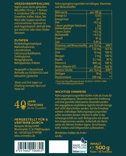 Uniglow Beauty Kollagen - Komplex (aus Grasfütterung) + Vitamin C, Biotin und Zink - 500 g Pulver - NahrungsergänzungUnimedica Kornkammer Natur
