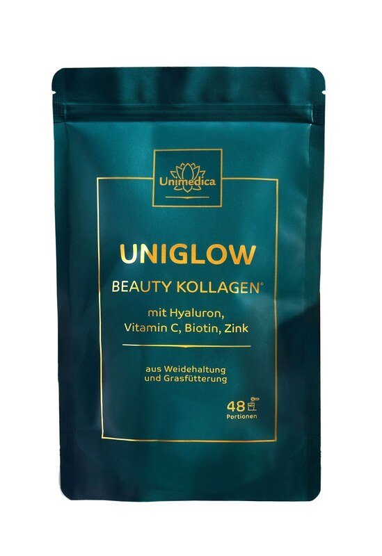 Uniglow Beauty Kollagen - Komplex (aus Grasfütterung) + Vitamin C, Biotin und Zink - 500 g Pulver - NahrungsergänzungUnimedica Kornkammer Natur