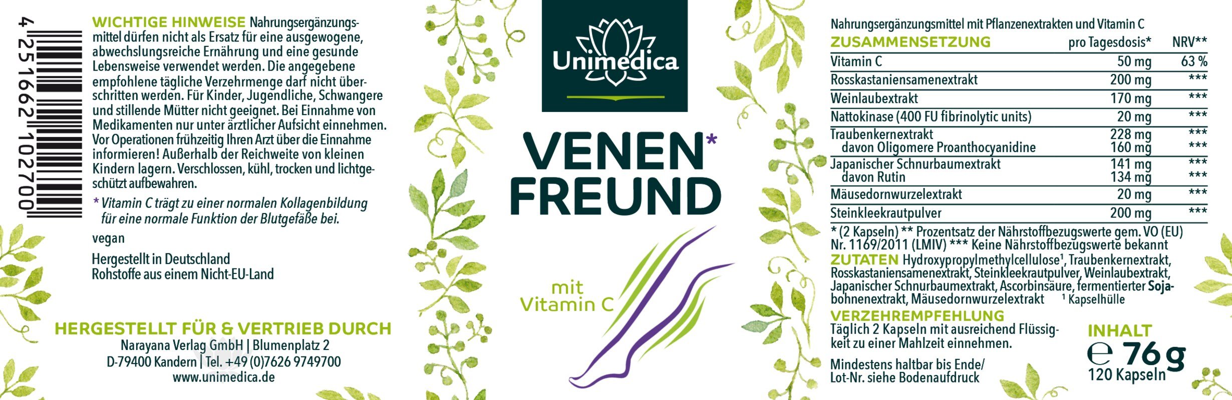 Venenfreund* - Komplex mit Vitamin C - 120 Kapseln - NahrungsergänzungUnimedica Kornkammer Natur