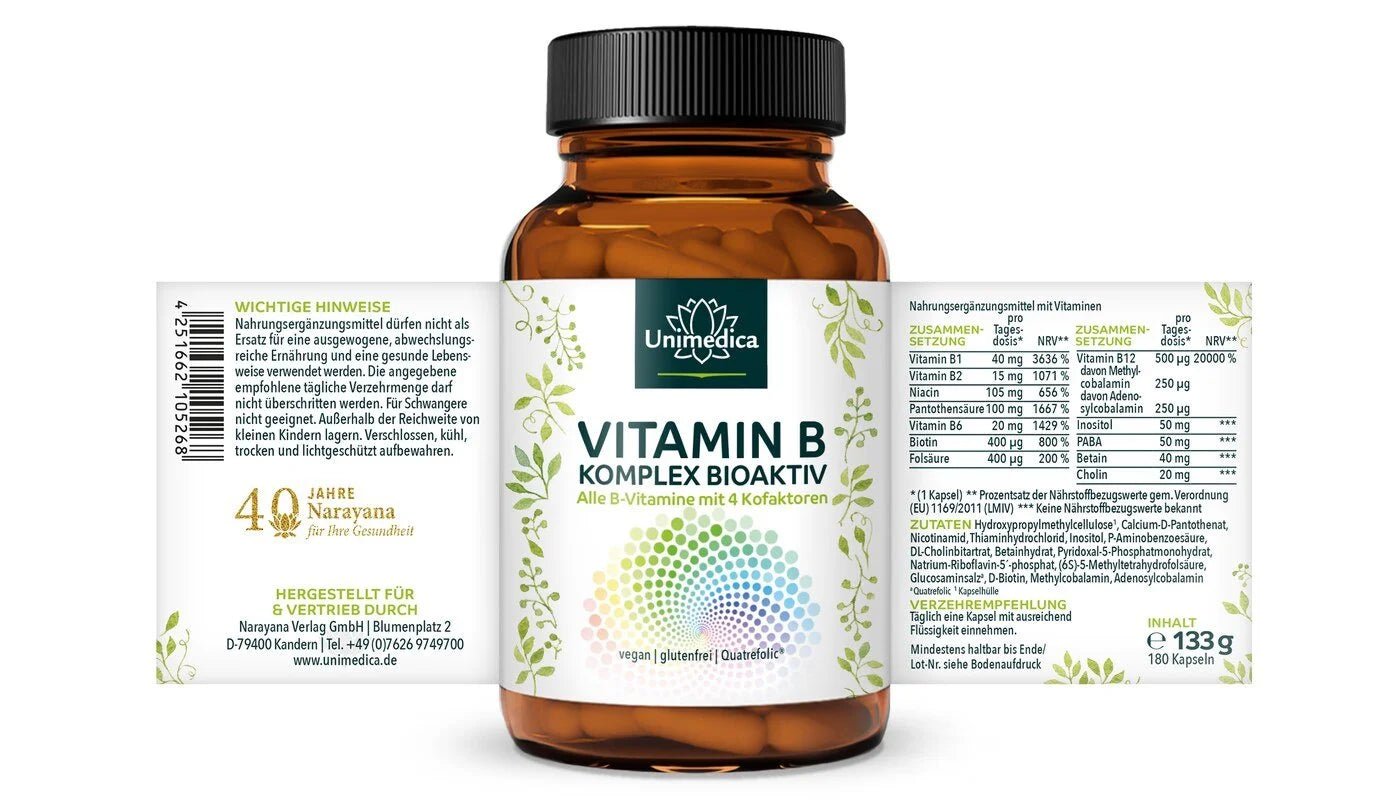 Vitamin B Komplex bioaktiv - hochdosiert - 180 Kapseln - Nahrungsergänzung Unimedica Kornkammer Natur