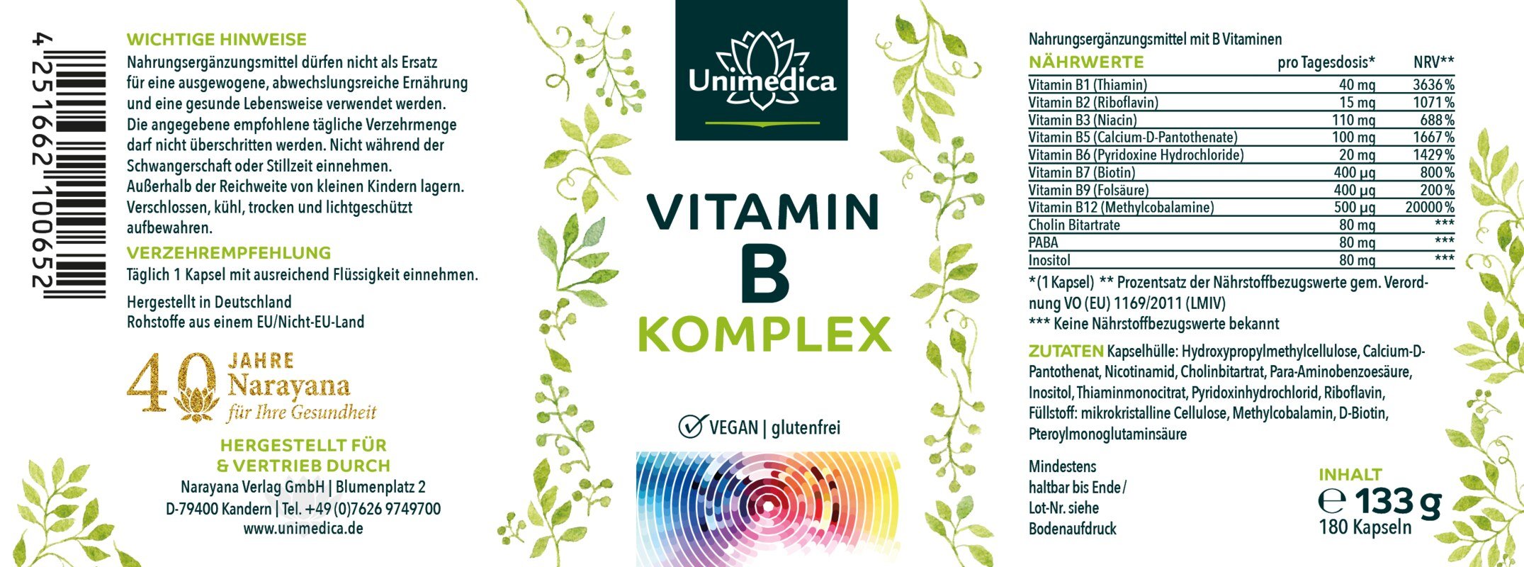 Vitamin B Komplex - hochdosiert - 180 Kapseln - NahrungsergänzungUnimedica Kornkammer Natur