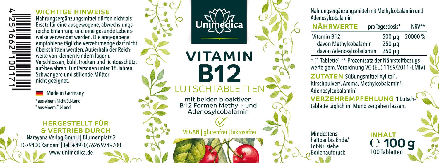 Vitamin-B12 Lutschtabletten mit beiden bioaktiven B12 Formen Methyl und Adenosylcobalamin vegan glutenfrei und lakotsefrei