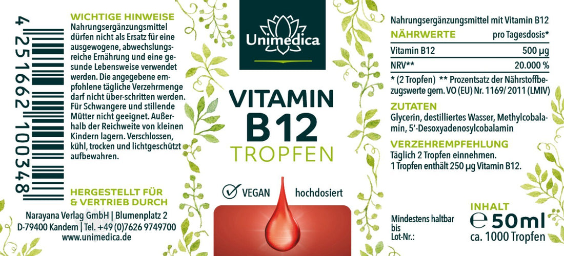 Vitamin B12 Tropfen - ohne Alkohol - VEGAN - 50 ml - NahrungsergänzungUnimedica Kornkammer Natur