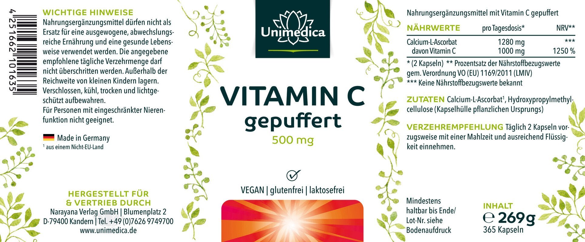 Vitamin C gepuffert - 1.000 mg pro Tagesdosis (2 Kapseln) - 99 % Reinheit - 365 Kapseln - NahrungsergänzungUnimedica Kornkammer Natur