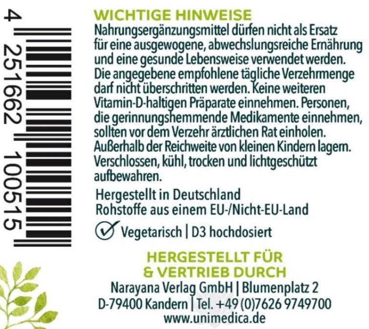 Vitamin D3 / K2 MK7 All - trans Depot - D3 20.000 I.E. 500µg / K2 200 µg (1 Tablette) - 180 Tabletten - NahrungsergänzungUnimedica Kornkammer Natur