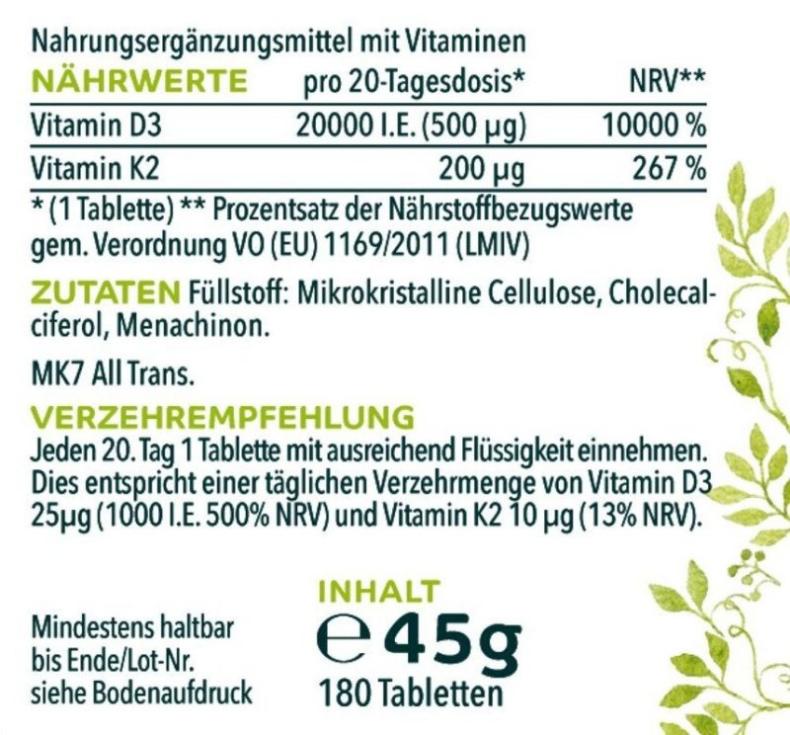 Vitamin D3 / K2 MK7 All - trans Depot - D3 20.000 I.E. 500µg / K2 200 µg (1 Tablette) - 180 Tabletten - NahrungsergänzungUnimedica Kornkammer Natur