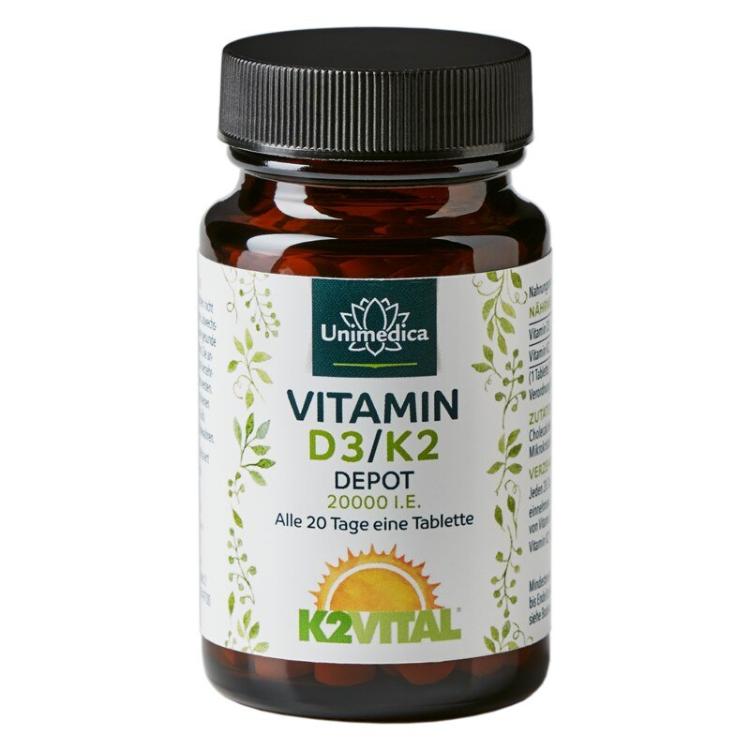 Vitamin D3 / K2 MK7 All - trans Depot - D3 20.000 I.E. 500µg / K2 200 µg (1 Tablette) - 180 Tabletten - NahrungsergänzungUnimedica Kornkammer Natur