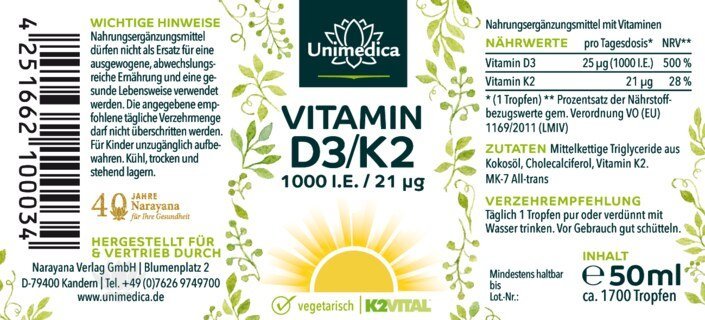 Vitamin D3 K2 MK7 Tropfen - K2VITAL® All - trans - 1000 I.E. hochdosiert - 50ml Nahrungsergänzung Unimedica Kornkammer Natur