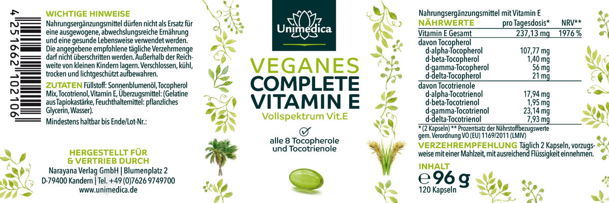 Vitamin E - Veganes Complete mit allen 8 Vitamin E - Formen: 4 Tocopherole und 4 Tocotrienole - 120 Kapseln - NahrungsergänzungUnimedica Kornkammer Natur