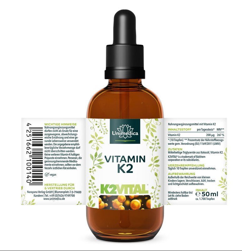 Vitamin K2 Tropfen - K2Vital - 200 µg pro Tagesdosis (10 Tropfen) - MK7 All - trans - aus Norwegen - hochdosiert - 50 ml - NahrungsergänzungUnimedica Kornkammer Natur