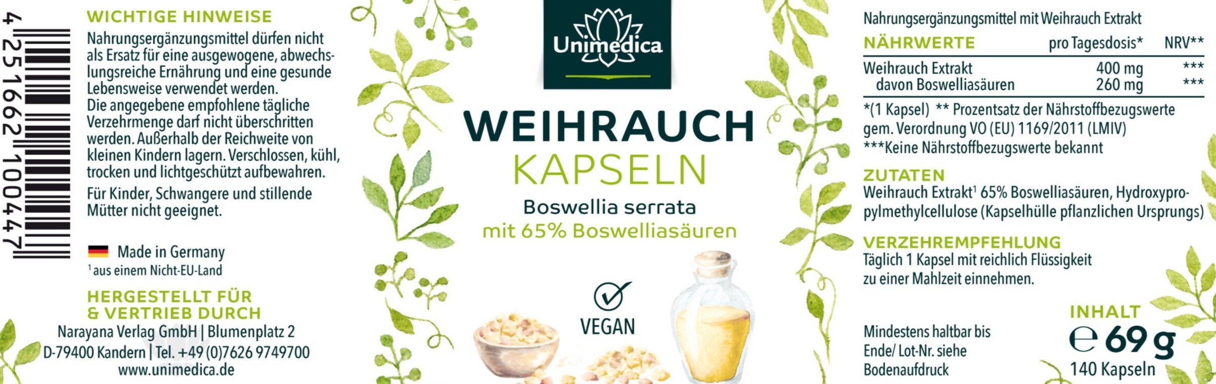 Weihrauch - Boswellia serrata - 400 mg pro Tagesdosis (1 Kapsel) - Etikett