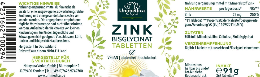 Zink Bisglycinat - 25 mg pro Tagesdosis - hochdosiert - 365 Tabletten - Nahrungsergänzung Unimedica Kornkammer Natur