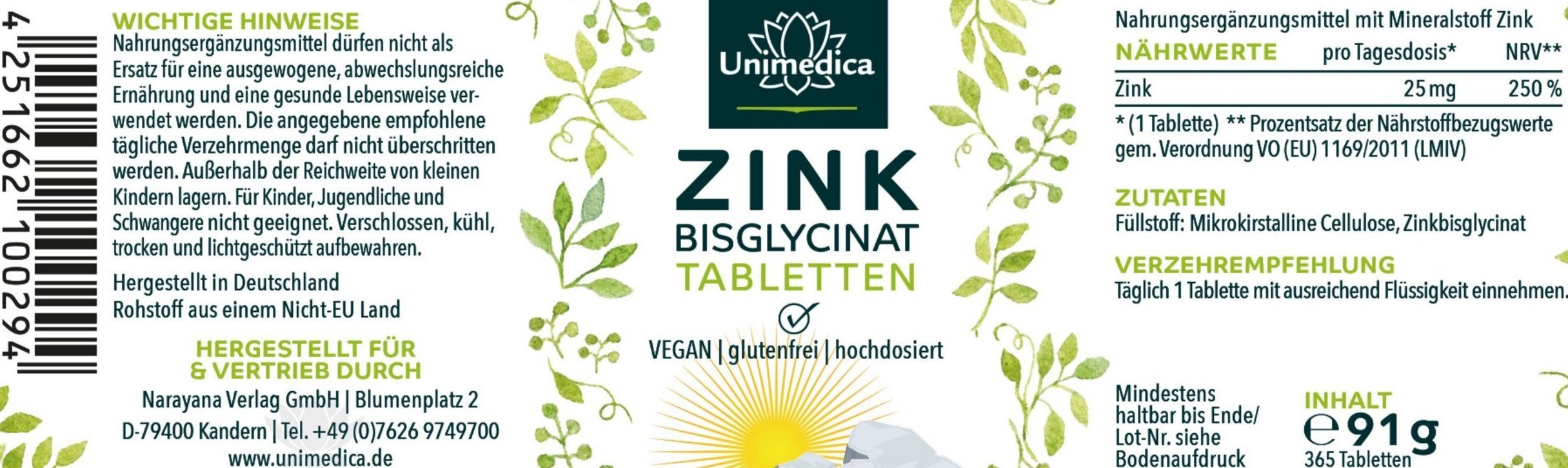 Zink Bisglycinat - 25 mg pro Tagesdosis - hochdosiert - 365 Tabletten - Nahrungsergänzung Unimedica Kornkammer Natur