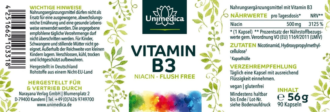 Vitamin B3 Niacin "Flush Free" - 500 mg - 90 Kapseln - NahrungsergänzungUnimedica Kornkammer Natur