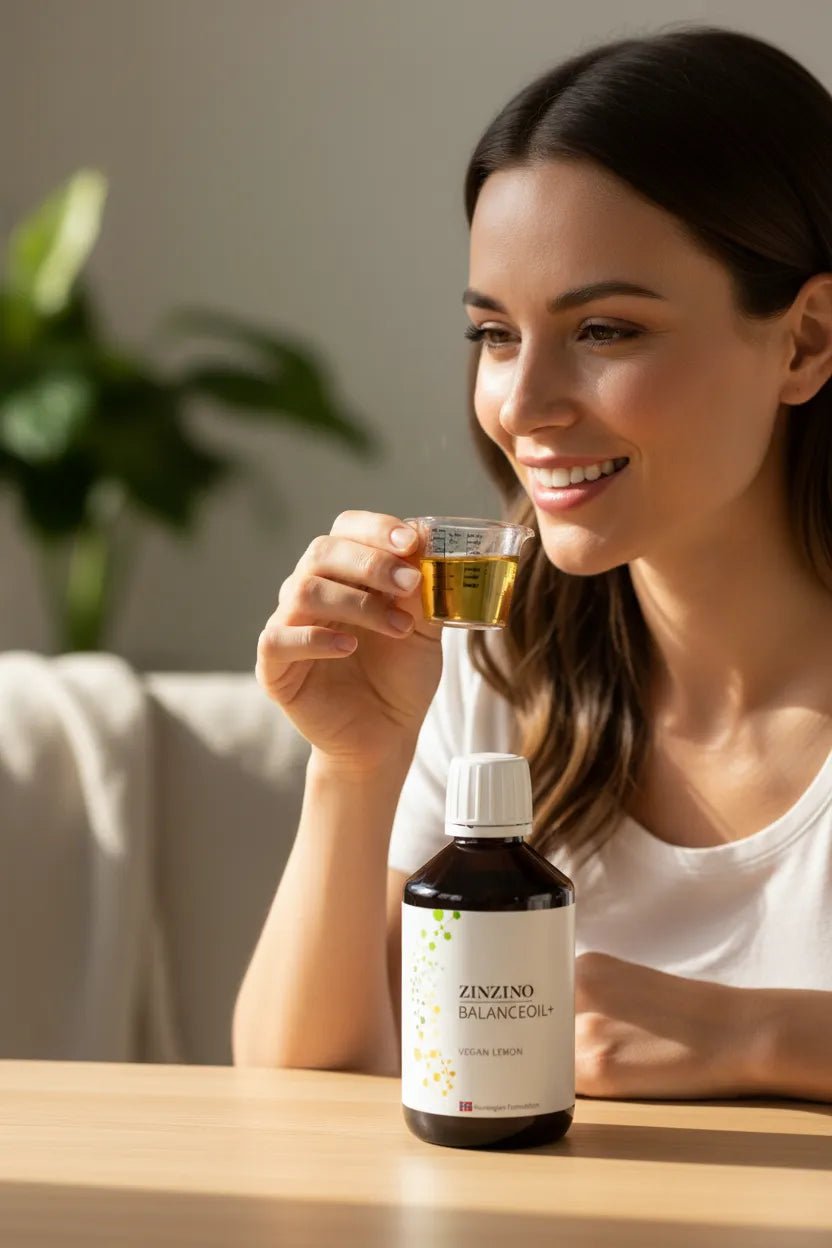 BalanceOil+ Vegan mit Omega-3 - Zinzino 300 ml - Frau trinkt Öl
