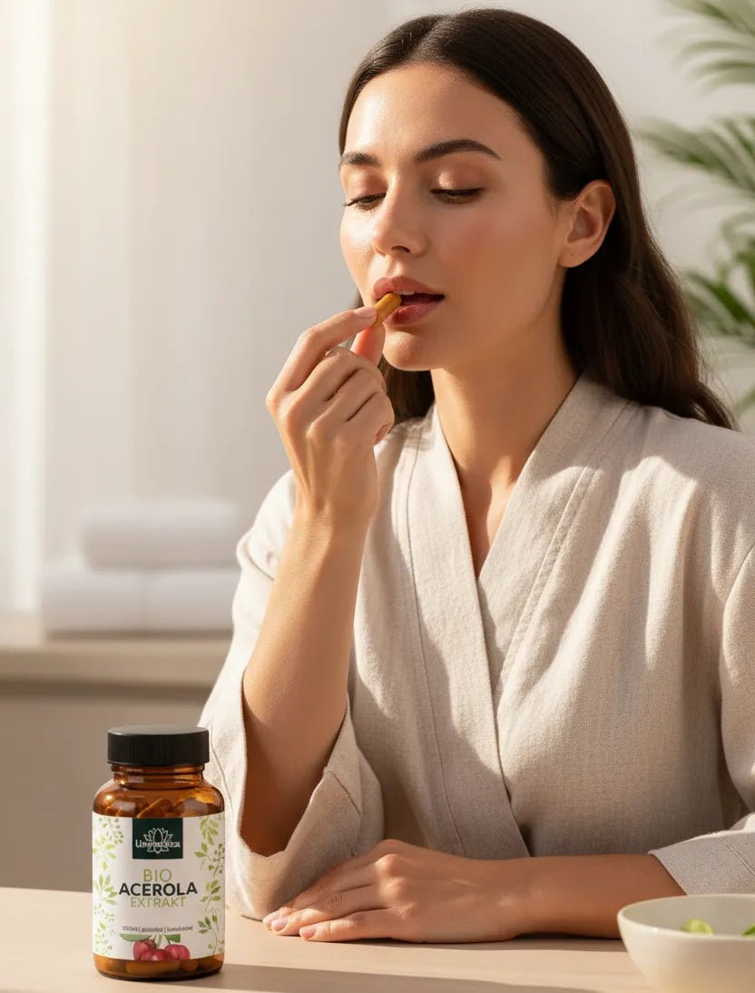 Bio Acerola Extrakt - 180 Kapseln - Nahrungsergänzung - Unimedica Kornkammer Natur - Frau