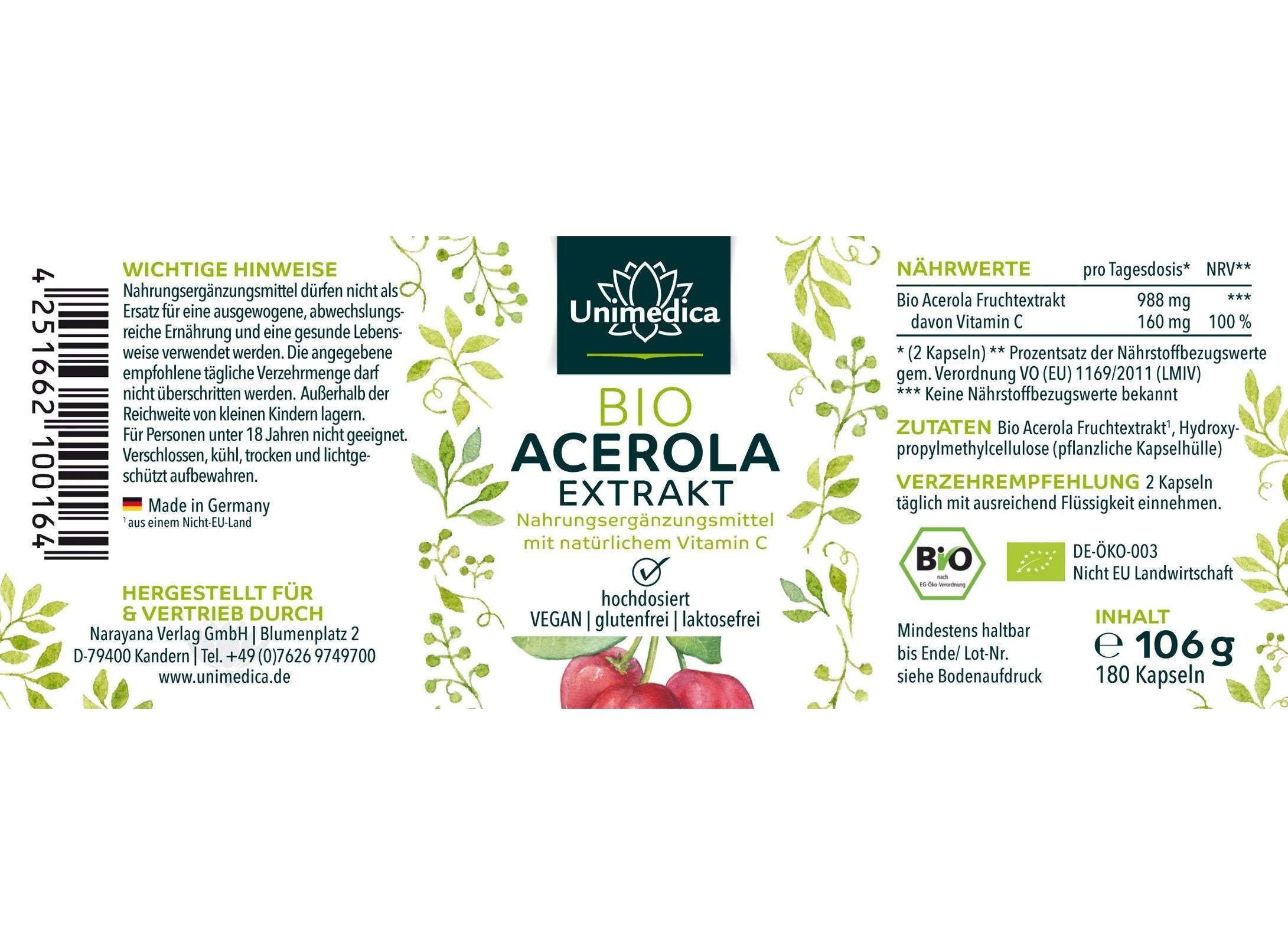 Bio Acerola Extrakt - 180 Kapseln - Nahrungsergänzung - Unimedica Kornkammer Natur - Etikett