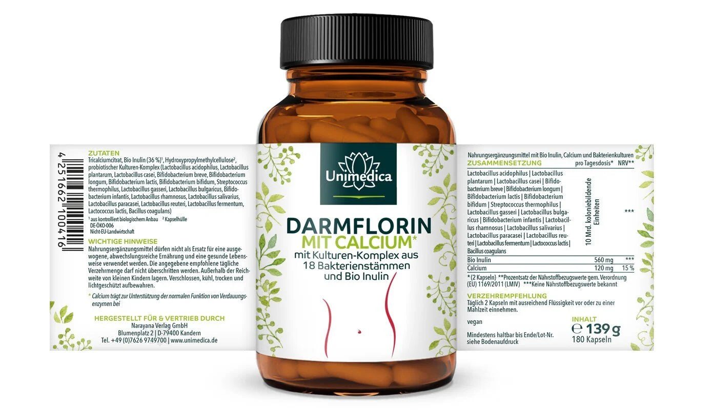 Darmflorin mit Calcium - mit Kulturen Komplex aus 18 Bakterienstämmen und Bio Inulin - 180 Kapseln - NahrungsergänzungUnimedica Kornkammer Natur