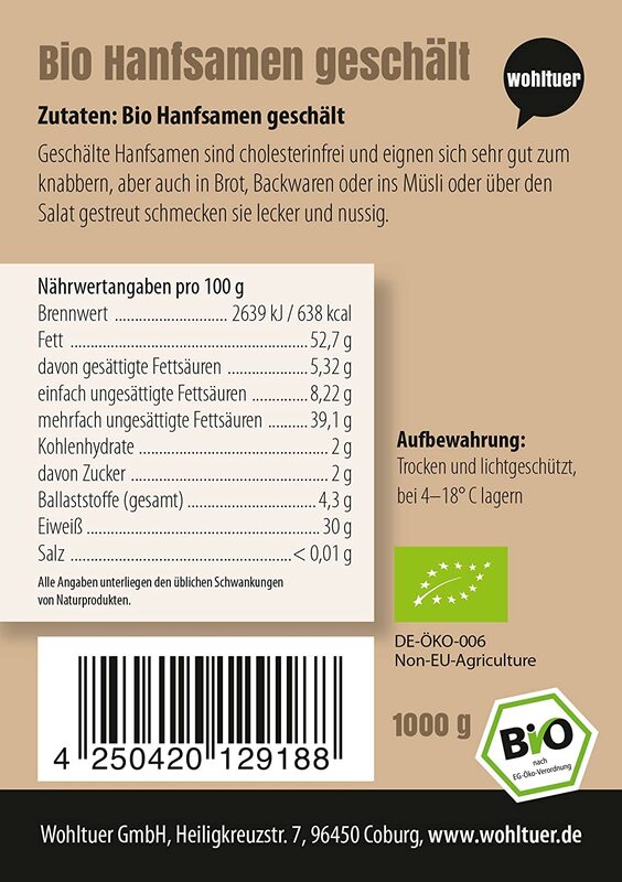 Bio Hanfsamen in Rohkostqualität - geschält, 1kg