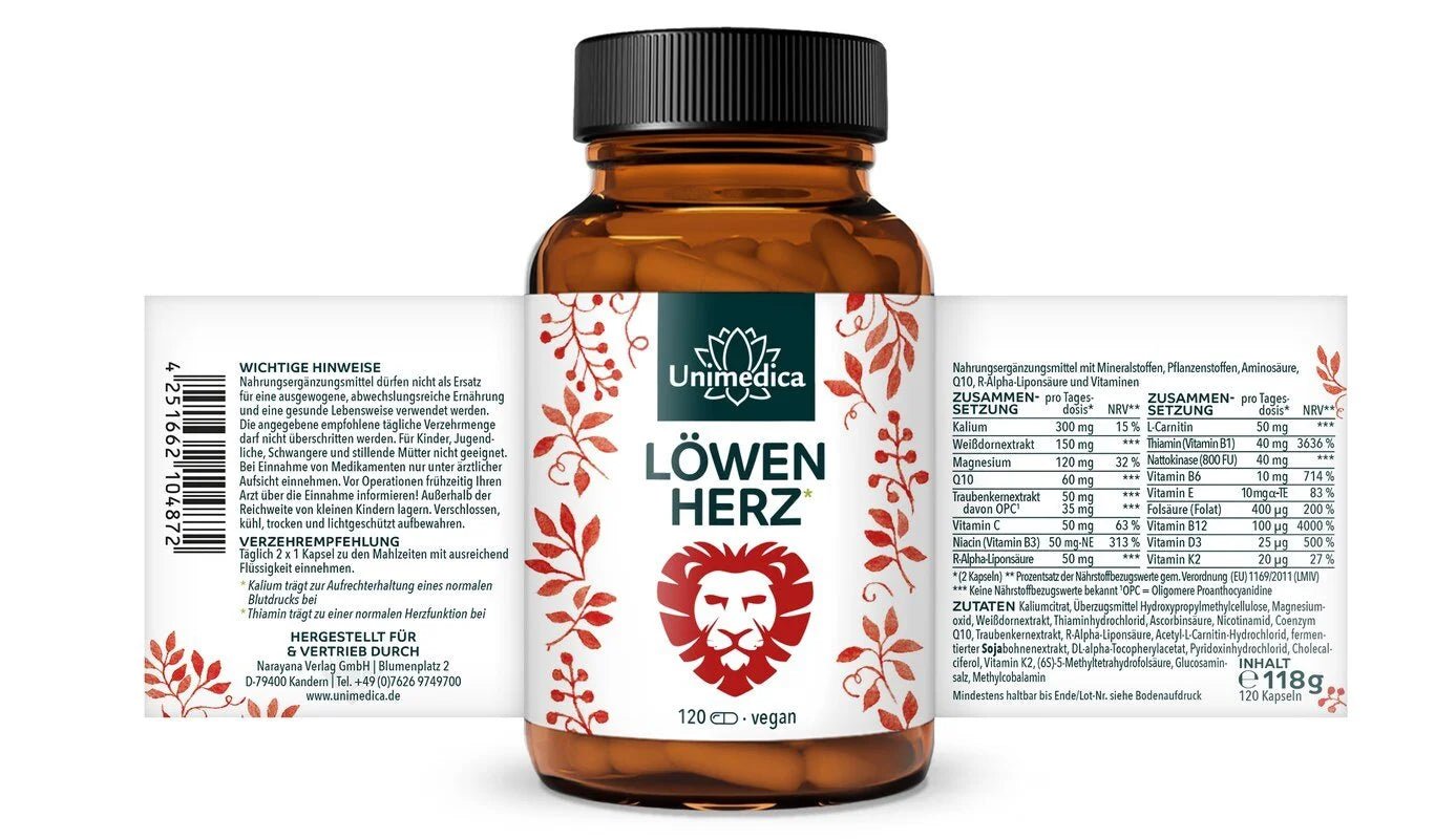 Löwenherz* - Komplex mit Kalium, Weißdornextrakt, OPC, Q10, Thiamin - 120 Kapseln - NahrungsergänzungUnimedica Kornkammer Natur