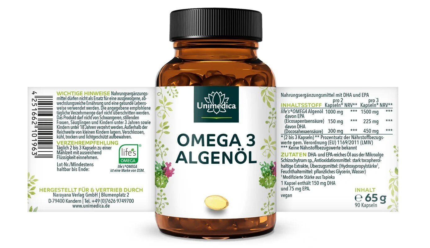 Omega 3 Algenöl 90 Kapseln - Vegan - NahrungsergänzungUnimedica Kornkammer Natur