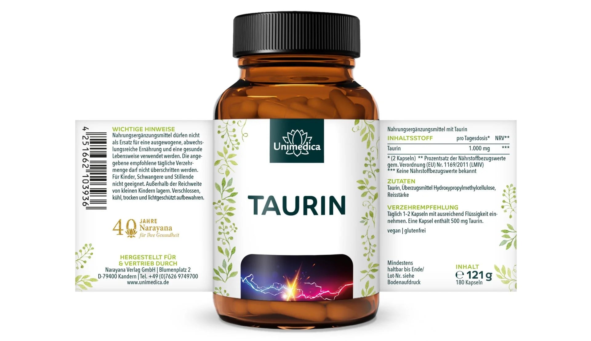 Taurin - 1000 mg pro Tagesdosis (2 Kapseln) - 180 Kapseln - NahrungsergänzungUnimedica Kornkammer Natur
