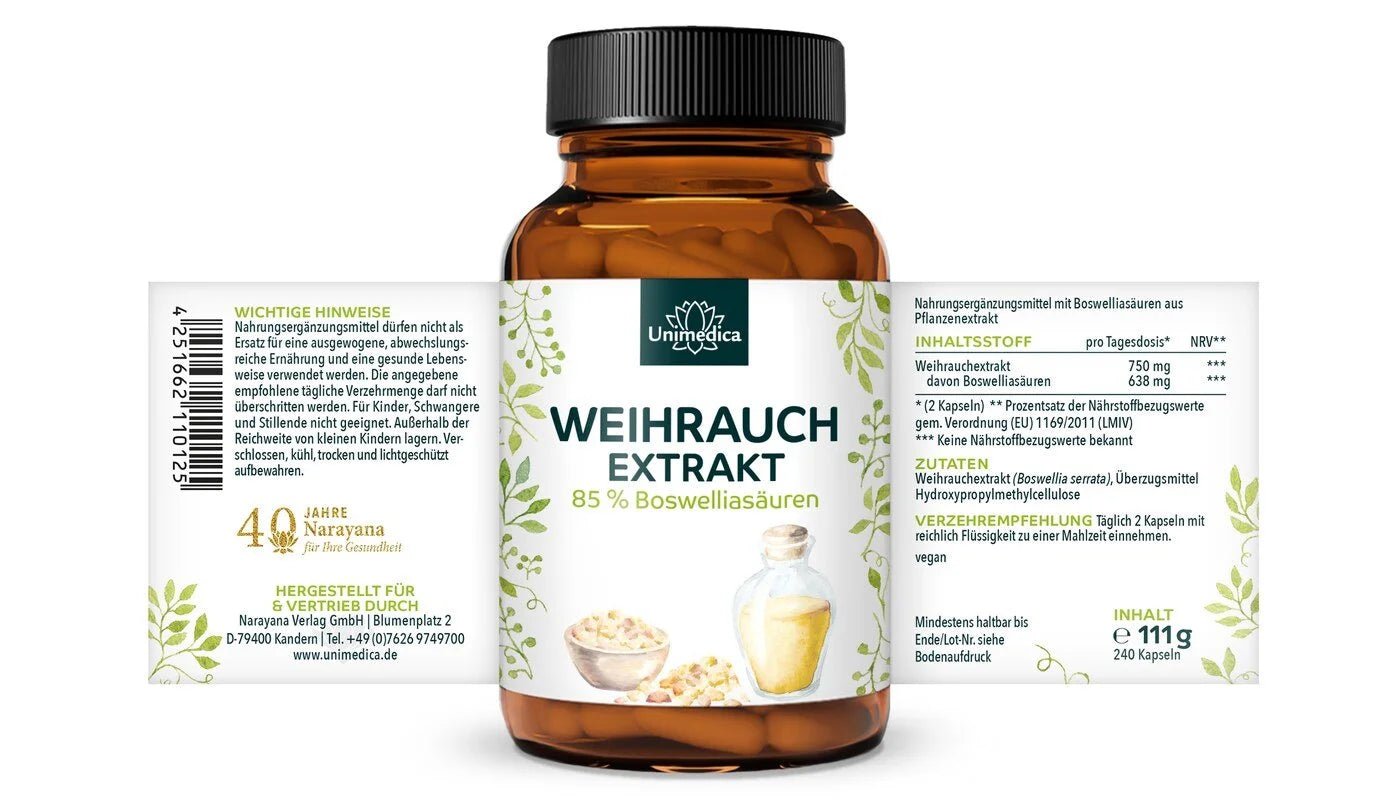 Weihrauch Extrakt - 85 % Boswelliasäuren - 375 mg pro Kapsel - 240 Kapseln - NahrungsergänzungUnimedica Kornkammer Natur