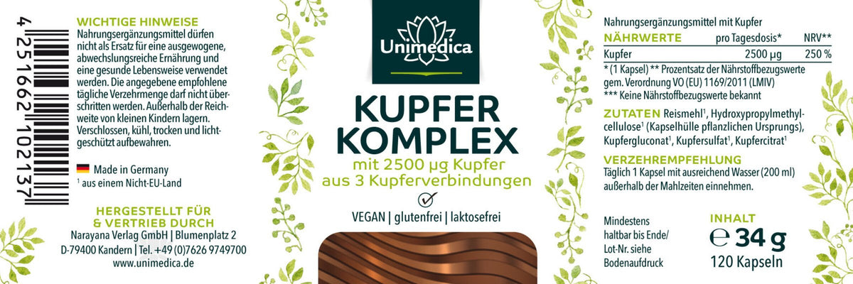 Kupfer Komplex - 2,5 mg pro Tagesdosis mit 3 Kupferverbindungen - Nahrungsergänzung Unimedica Kornkammer Natur