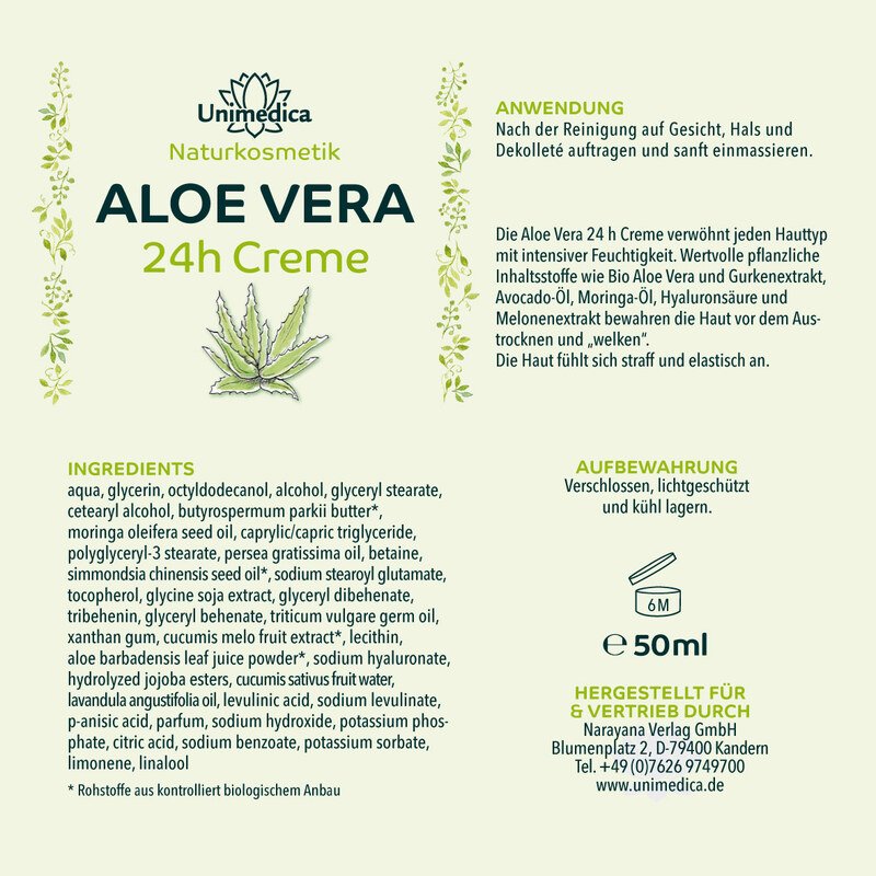 Aloe Vera 24h Creme - 50 ml Etikett