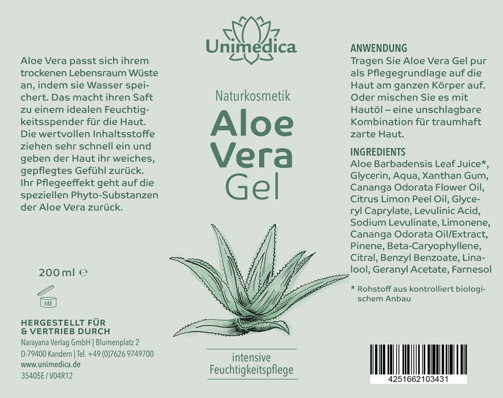 Aloe Vera Gel - Naturkosmetik - 200 ml - von Unimedica - Etikett