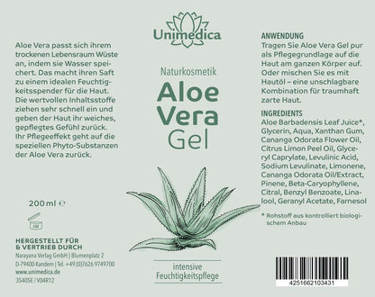 Aloe Vera Gel - Naturkosmetik - 200 ml - von Unimedica - Etikett