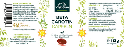 Beta Carotin Kapseln - Beta Carotin - aus Lyc-O-Beta® - 15 mg - 25.000 IE pro Tagesdosis - 180 Softgelkapseln Etikett Kornkammer Natur