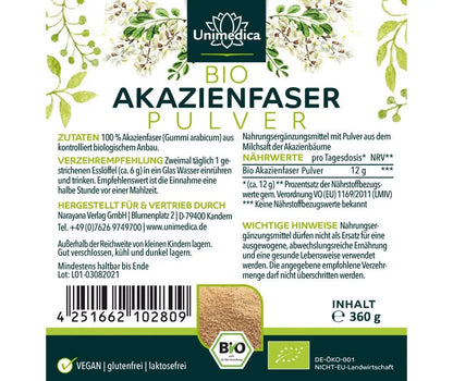 Bio Akazienfaser Pulver 360g von Unimedica Etikett