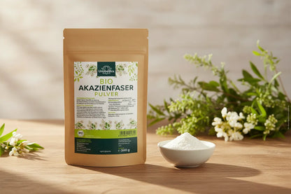 Bio Akazienfaser Pulver von Unimedica - 360 g vegan auf Tisch