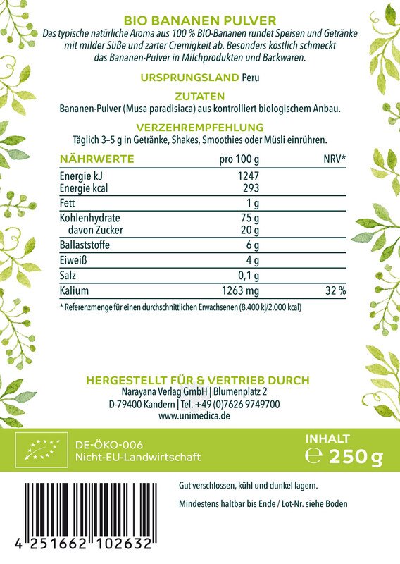 Bio Bananen Pulver - naturrein - 250 g - vegan