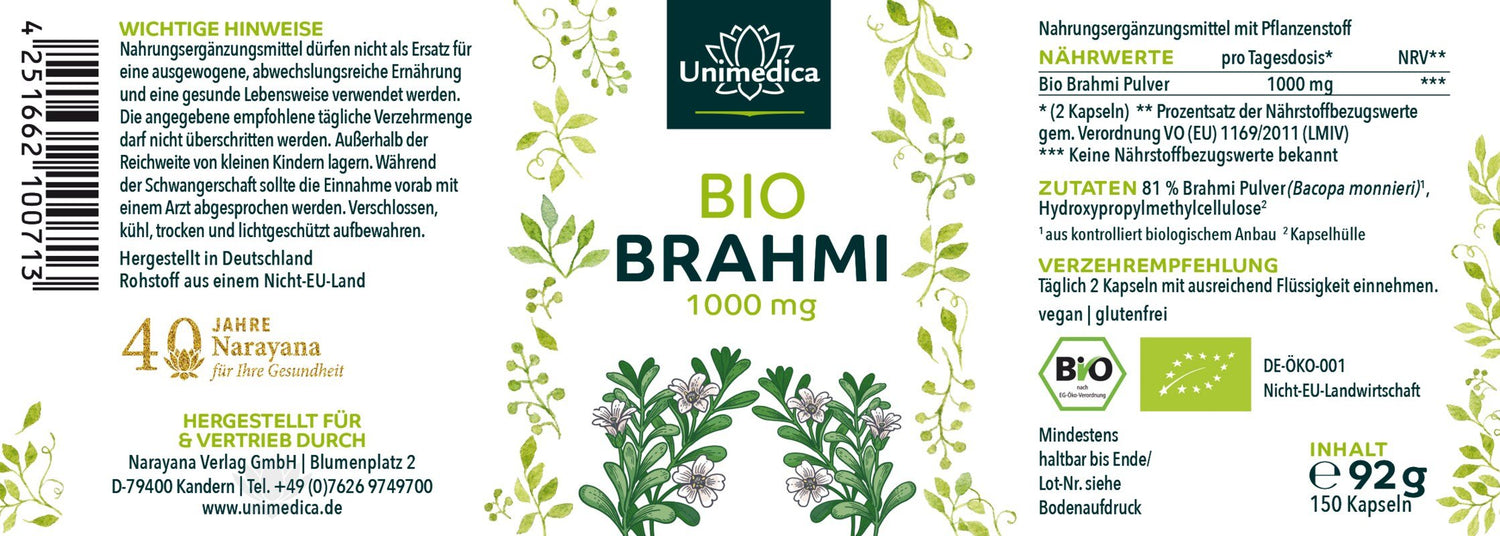 Bio Brahmi - 1.000 mg pro Tagesdosis (2 Kapseln) - 150 Kapseln - NahrungsergänzungUnimedica Kornkammer Natur