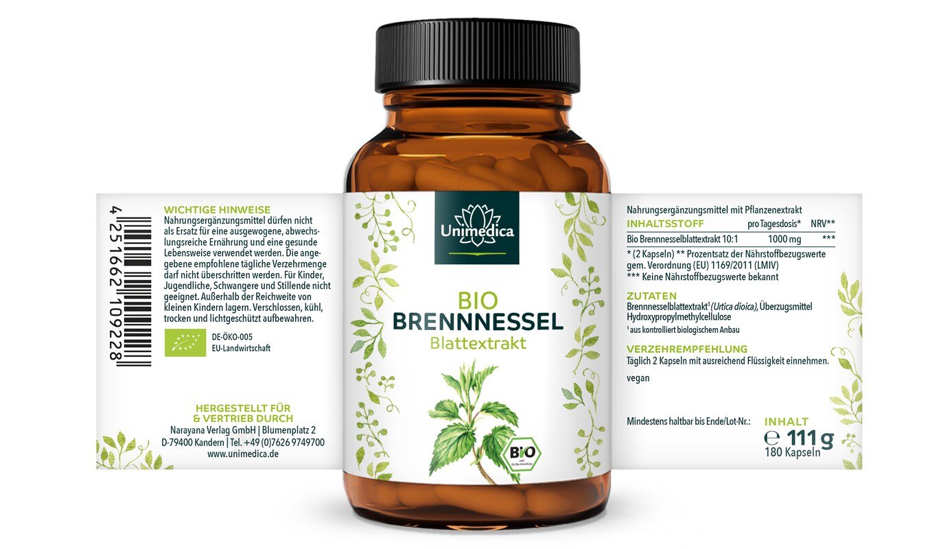 Bio Brennnessel - 10:1 Brennnesselblattextrakt - 1.000 mg pro Tagesdosis (2 Kapseln) - 180 Kapseln - von Unimedica Etikett Kornkammer