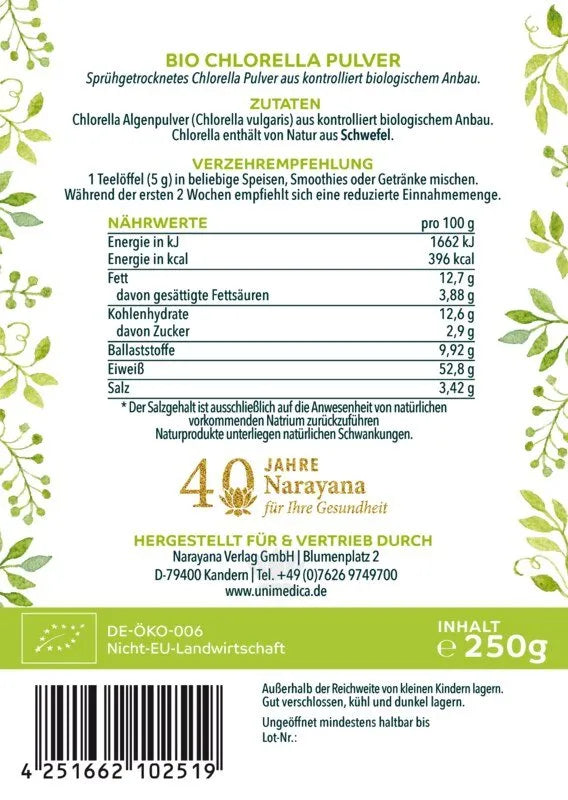 Chlorella Pulver Bio - laborgeprüft und naturrein 250g Nährwerte