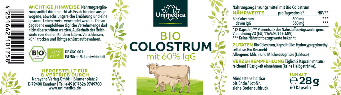 Bio Colostrum - 600 mg pro Tagesdosis (2 Kapseln) - mit 60 % IgG - 60 Kapseln Etikett
