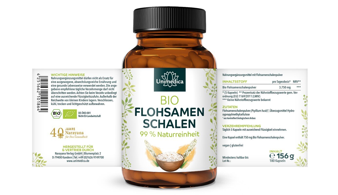 Bio Flohsamenschalen - 3.750 mg pro Tagesdosis (5 Kapseln) - 180 Kapseln Etikett