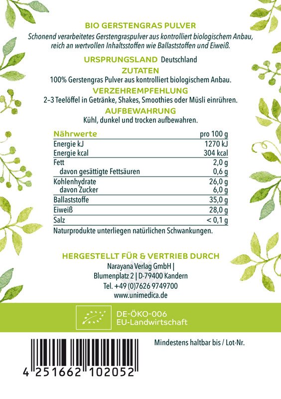 Bio-Gerstengras-Pulver-Nährwerte - Rückseite 