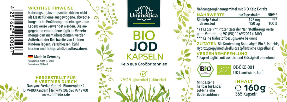 Bio Jod Kapseln - 150 µg natürliches Jod aus Kelp Braunalgen - 365 Kapseln