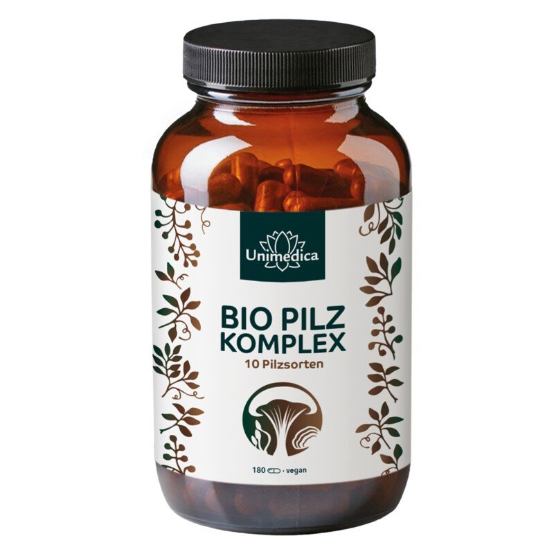Bio Pilz Komplex - 10 Vitalpilze mit Cordyceps, Reishi, Hericium - 180 Kapseln - NahrungsergänzungUnimedica Kornkammer Natur