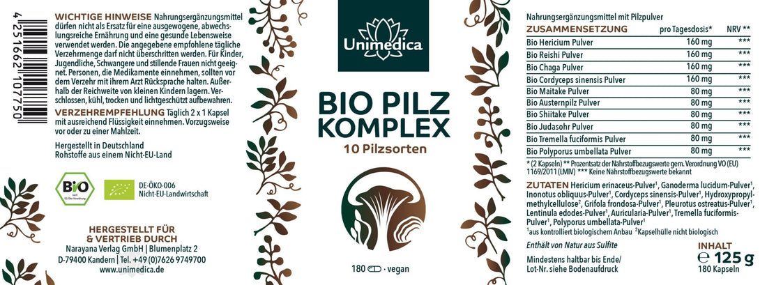 Bio Pilz Komplex - mit 10 Pilzsorten - u.a. Cordyceps, Shiitake, Reishi, Löwenmähne, Chaga, Hericium - 180 Kapseln Etikett