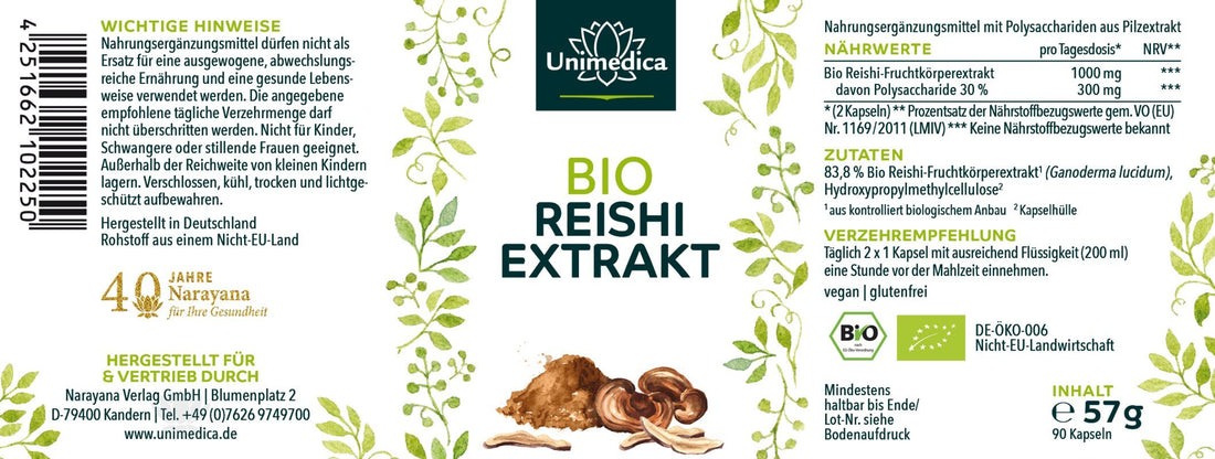 Bio Reishi Extrakt - 1000 mg pro Tagesdosis (2 Kapseln) - Extrakt mit 30 % Polysacchariden - aus Wasserextraktion - 90 Kapseln Etikett