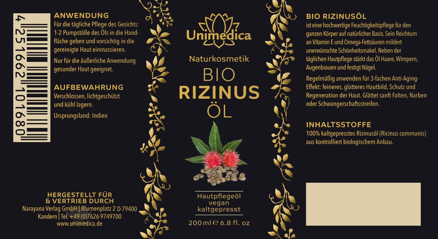 Bio Rizinusöl - 200 ml - von Unimedica Kornkammer Natur Etikett 200ml 