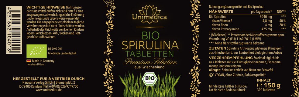Bio Spirulina Premium Selection - angebaut in Europa - Rohkost - 390 Tabletten