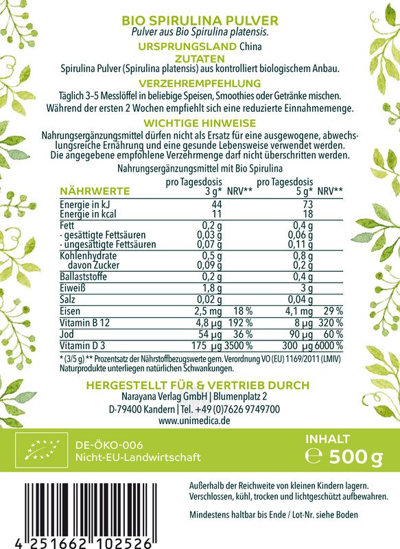 Bio Spirulina Pulver - 500 g - proteinreich Etikett