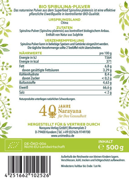 Bio Spirulina Pulver - 500 g - proteinreich Etikett