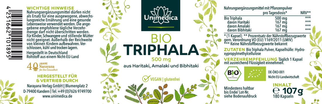 Bio Triphala - 500 mg pro Tagesdosis (1 Kapsel) - 180 Kapseln - von Unimedica Etikett